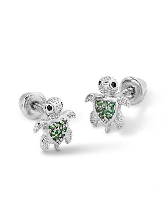 925 Sterling Silver Green Cubic Zirconia Turtle Screw Back Earrings for Girls