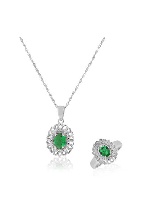 925 Sterling Silver Green Emerald-Tone CZ Filigree Pendant Necklace Ring Jewelry Set, 18"