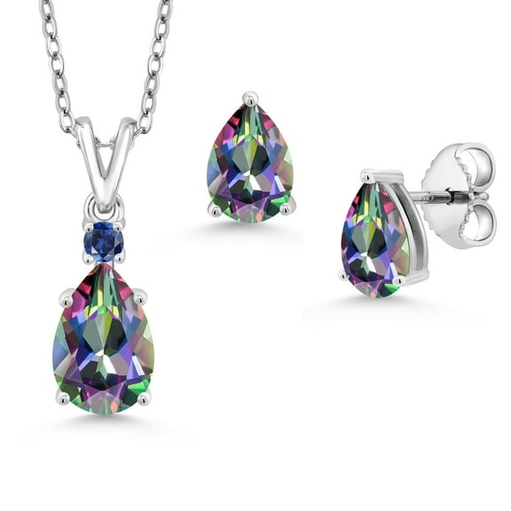 925 Sterling Silver Green Mystic Topaz and Blue Created Sapphire Pendant and Earrings Jewelry Set for Women | 3.45 Cttw | Gemstone November Birthstone | Pear Shape 9X6MM | With 18 inch Chain
