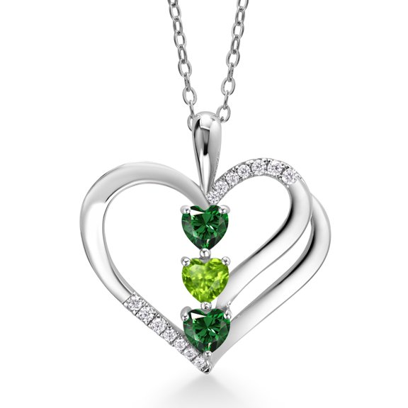 925 Sterling Silver Green Nano Emerald and Green Peridot and White Moissanite 3-Stone Pendant Necklace for Women (1.20 Cttw, Gemstone May Birthstone, Heart Shape 4MM, with 18 inch Silver Chain)