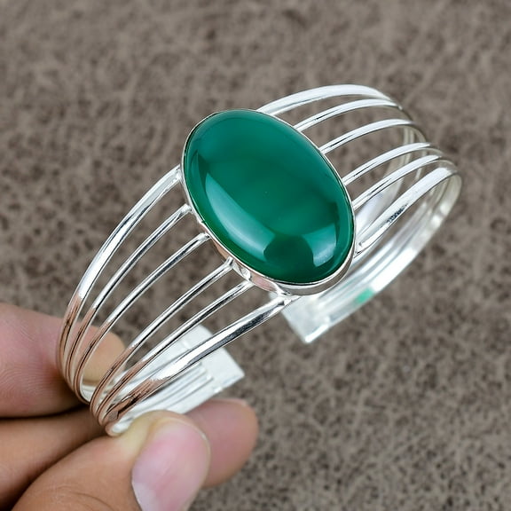 925 Sterling Silver Green Onyx Gemstone Handmade Cuff Bangle Adjustable