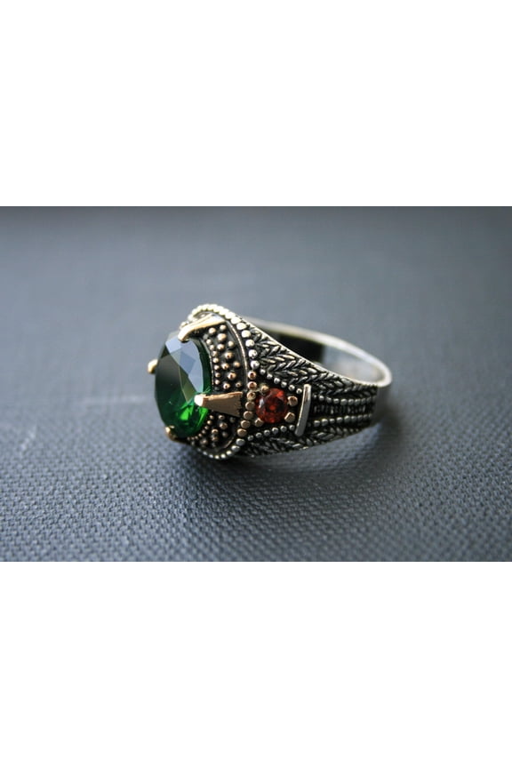 925 Sterling Silver Green Zircon Ring – Oxidized Vintage Style Handmade Men’s (8)
