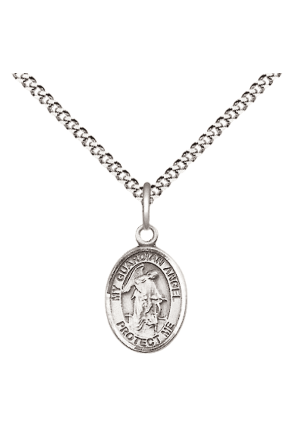 Small .925 Sterling Silver Guardian Angel Medal Pendant on 18 Inch Rhodium Plated Lite Curb Brass Chain with Lobster Claw Clasp, Catholic Religious Necklace - Made in USA- Velvet Gift Box