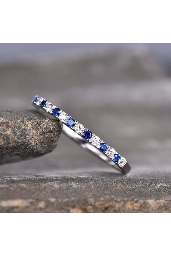 925 Sterling Silver Half Eternity Wedding Band Ring For Women Blue Sapphire & Diamond