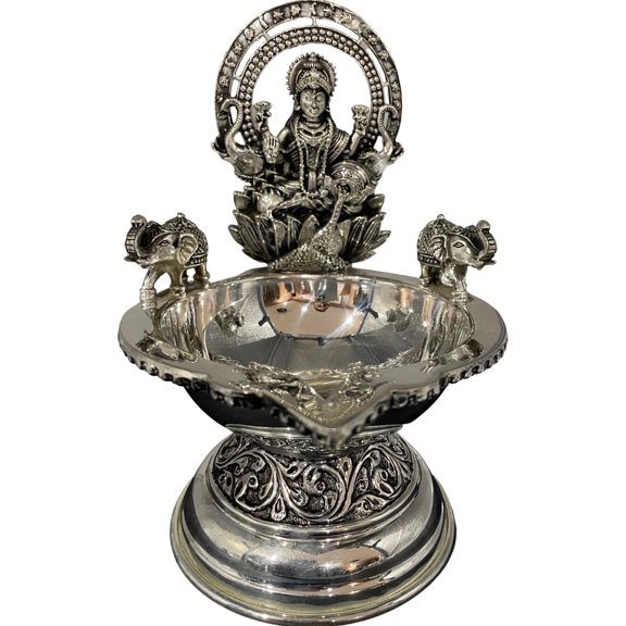 925 Sterling Silver Hallmarked Antique Style Lakshmi / Kamakshi Solid BIG Deepak (Diya) -#03 Diya Height & Weight: Kamakshi 7.0" (Ht =7.0 inch Wt =450 Grams)