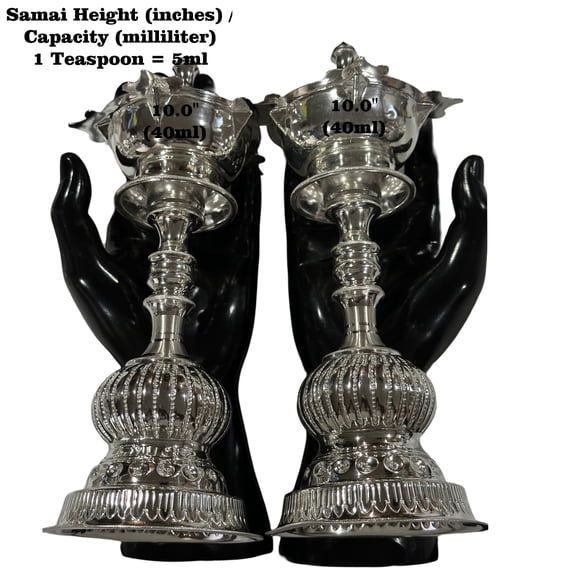 925 Sterling Silver Hallmarked BIG Five Star / Kerala Naxi Samai / Kuthu Vilakku Pair - Style#02 Height & Capacity (PAIR): 10" (80ml / Pair)