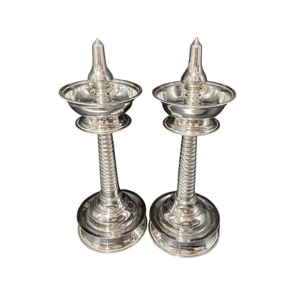 925 Sterling Silver Hallmarked Bamboo Style Kerala Samai / Kuthu Vilakku Pair -Style#02 Height & Capacity (PAIR): 12" Samai (180ml / pair)
