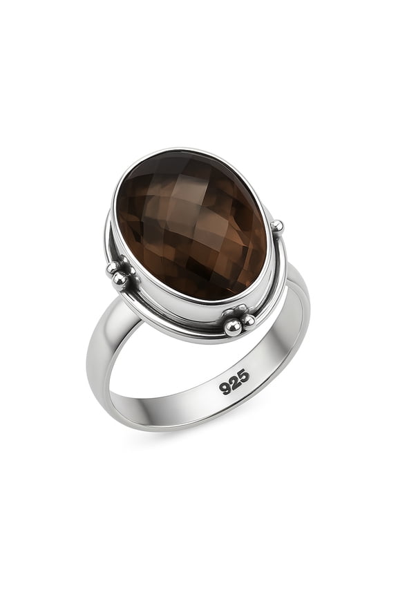 925 Sterling Silver Hallmarked Genuine Smoky Quartz Gemstone Retro Style Designer Fashion Finger Ring For Women & Men Ethnic Modern Boho Ring By Artisan