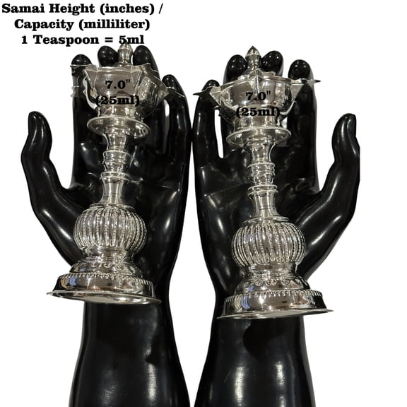 925 Sterling Silver Hallmarked Small Five Star / Kerala Naxi Samai / Kuthu Vilakku Pair -Style#01 Height & Capacity (PAIR): 7.0" (50ml / Pair)