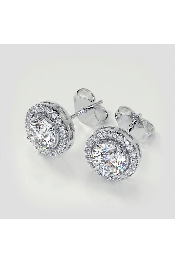 925 Sterling Silver Halo Stud Push Back Women's Earrings White Round Cut Diamon