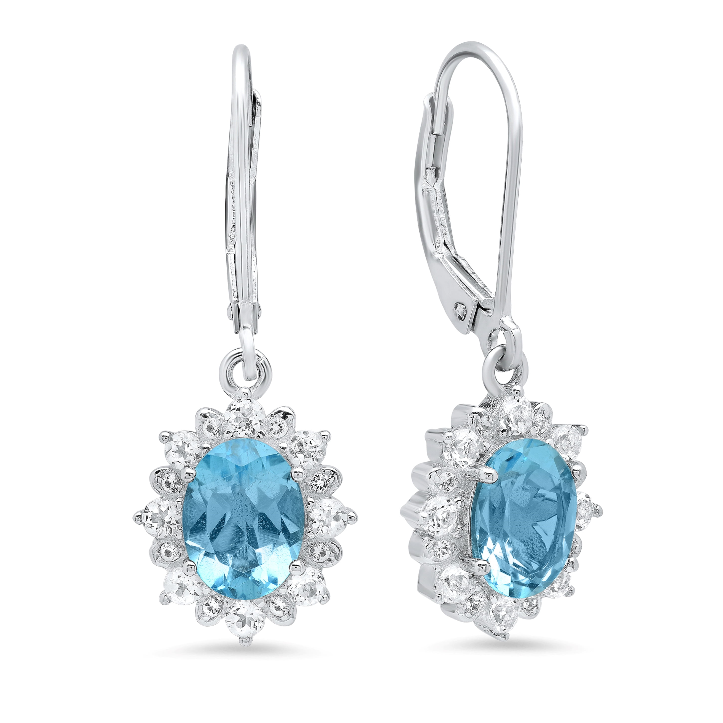 925 Sterling Silver Halo Sunburst Swiss Blue Topaz Oval Dangle Earrings for Women 8x6mm December Birthstone with Leverback White Topaz Accent Stones by MAX + STONE