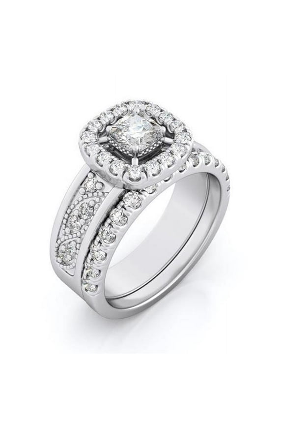 925 Sterling Silver Halo Wedding Ring Set - Size 5