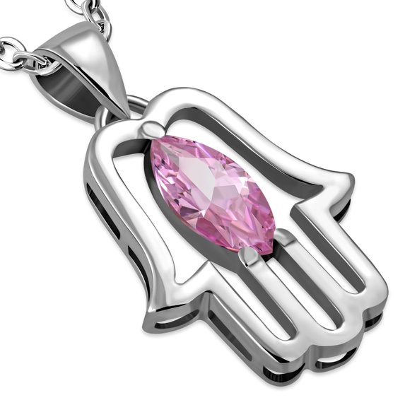 925 Sterling Silver Hamsa Pendant Necklace - Pink CZ