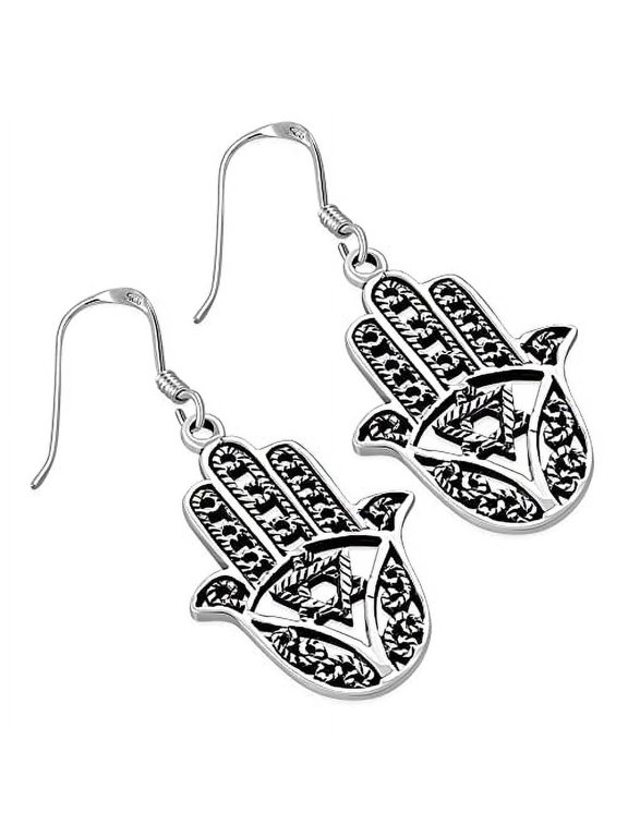 925 Sterling Silver Hand Of Fatima Hamsa Star Of David Dangle Drop Hook Earrings