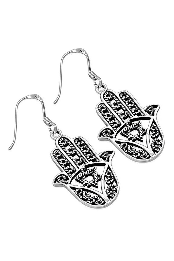 925 Sterling Silver Hand Of Fatima Hamsa Star Of David Dangle Drop Hook Earrings