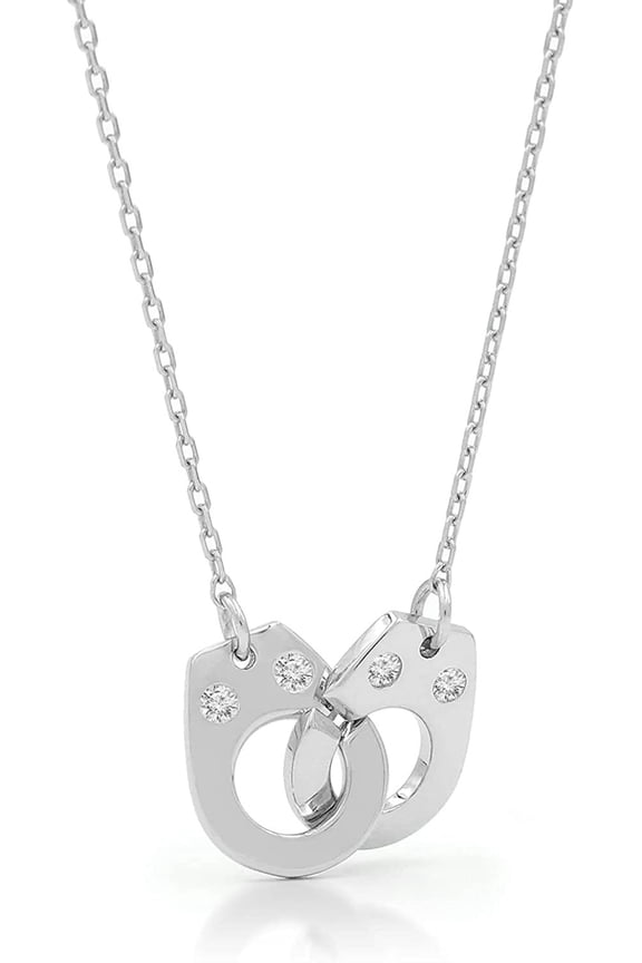 .925 Sterling Silver Handcuff Studded Minimalist Mens Womens Necklace, Cubic Zirconia, Giorgio Bergamo Silver