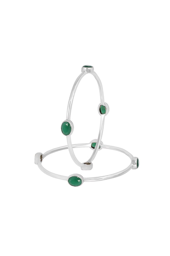 925 Sterling Silver Handmade Bangle with Oval Green Onyx Gemstones 7.5 mm Wide Bezel Set 11.60g Artisan Jewelry (2.375 Inches)