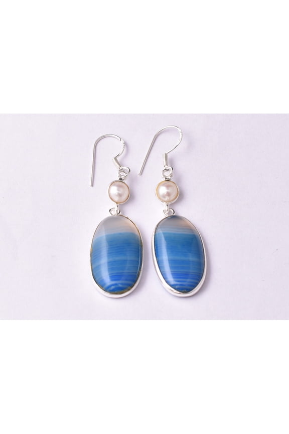 925 Sterling Silver Handmade Blue Agate & Pearl Gemstone Women Dangle Earrings For Festival Gift