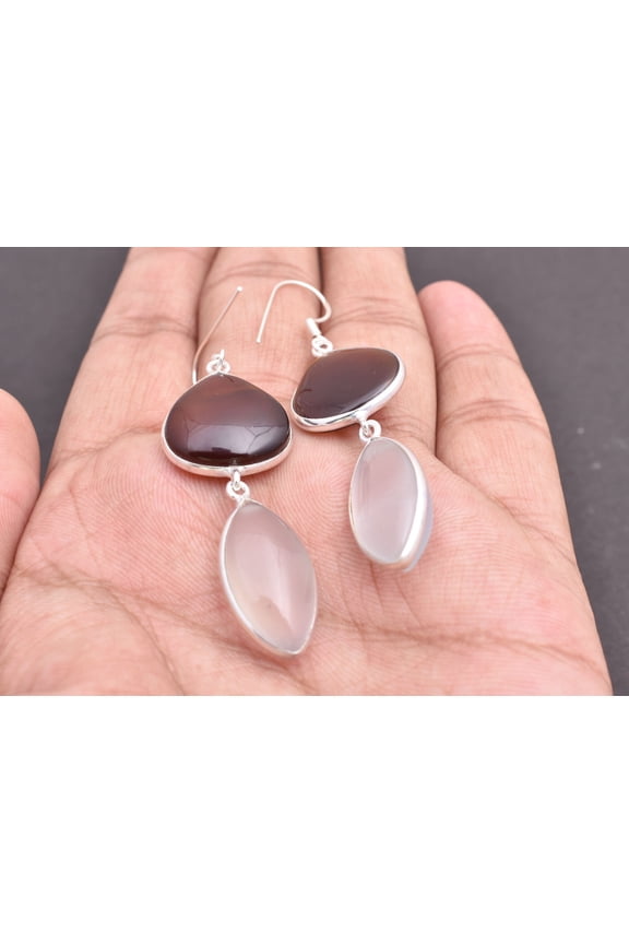 925 Sterling Silver Handmade Chalcedony & Hessonite Gemstone Women Dangle Earrings For Festival Gift