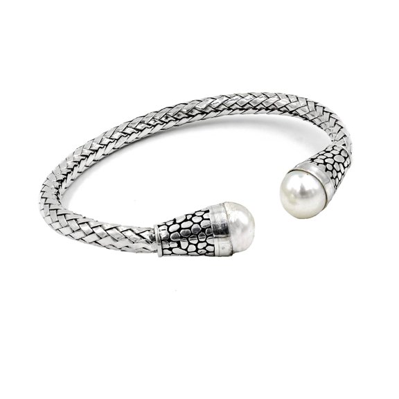 Tibetan Silver 925 Sterling Silver Pearl Cuff Bracelet – Handmade Snake Chain Designer Jewelry for Women & Men
