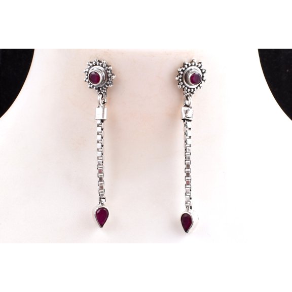 925 Sterling Silver Handmade Ruby Gemstone Women Dangle Earrings For Festival Gift