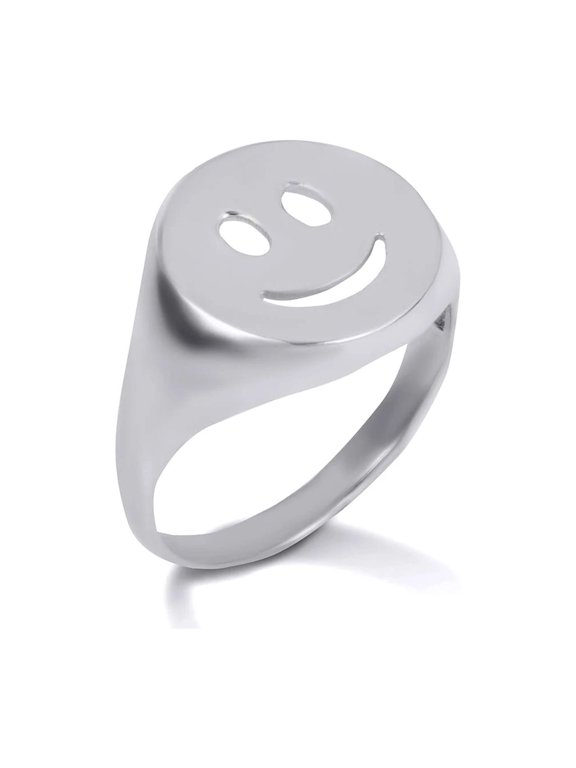 925 Sterling Silver Happy Smiley Face Signet Ring (Size 9.25)