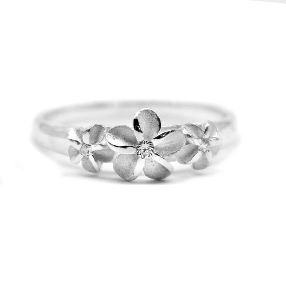 925 Sterling Silver Hawaiian Hibiscus Plumeria Ring CZ 3 Band Shiny Three Flowers