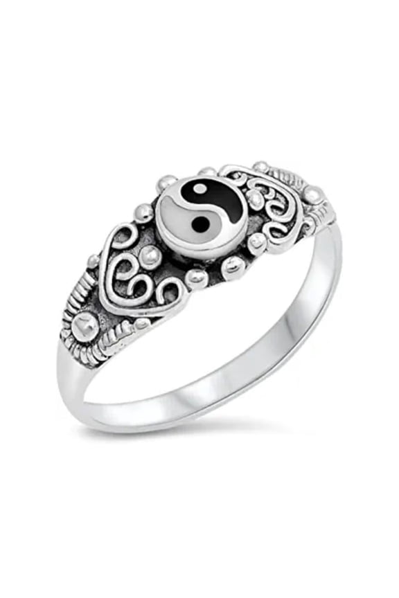 925 Sterling Silver Heart Bali Ying Yang Style Designer Oxidized Vintage Inspired Women Ring