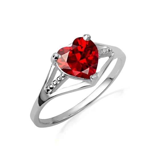 925 Sterling Silver Heart Stone Beaded Cubic Zirconia Birthstone Love Ring Garnet (SIZE 4)