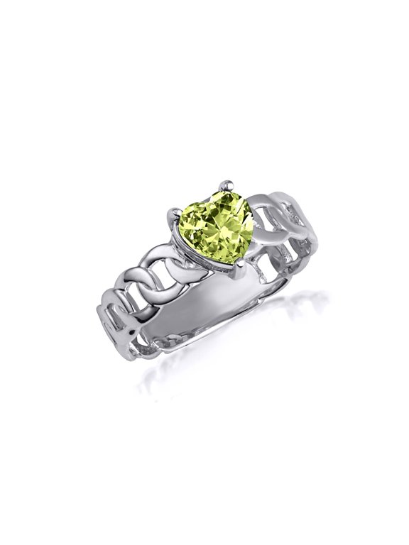 925 Sterling Silver Heart Birthstone Cuban Chain Link Ring Peridot (SIZE 4)