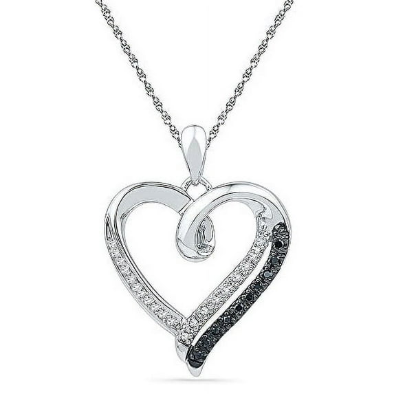 925 Sterling Silver Heart Clear White and Black Necklace and Pendant with CZ Accent Stones