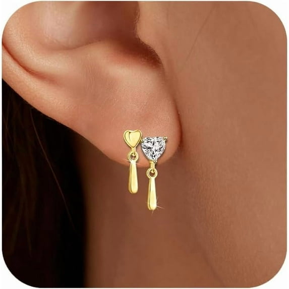 925 Sterling Silver Heart Drop Dangle Earrings for Women Dainty 14K Gold Plated CZ Stud Earrings Small Double Heart Hypoallergenic Dangling Earring Jewelry Christmas Gifts to Daughter