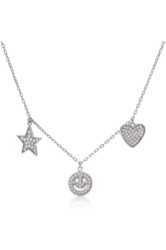 .925 Sterling Silver Heart, Emoji, Star, Charm Mens Womens Necklace, Micro pave Cubic Zirconia, Giorgio Bergamo Silver