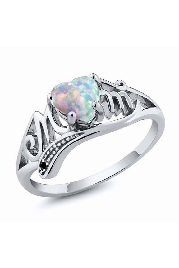 925 Sterling Silver Heart Fire Opal MOM Letter Diamond Band Rings