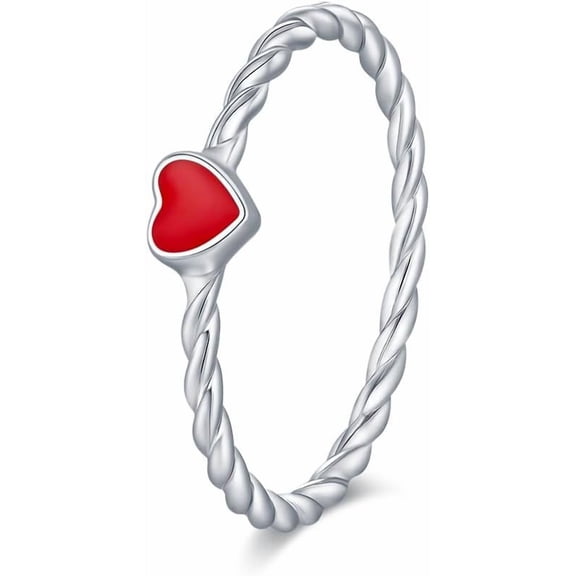 925 Sterling Silver Heart Ring for Women Twisted Rope Red Enamel Love Heart Stacking Ring Statement Promise Engagement Rings Minimalist Wedding Band