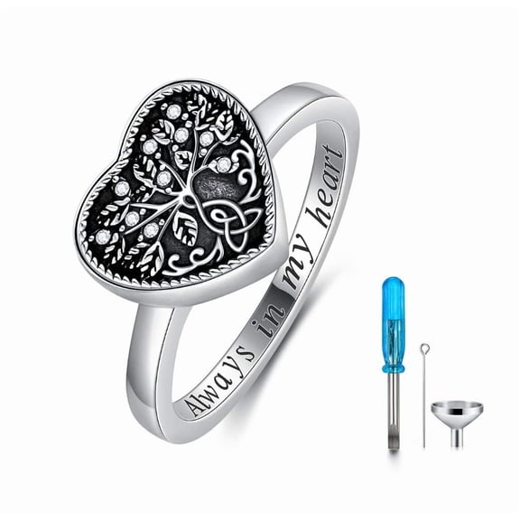 925 Sterling Silver Heart Tree of Life Celtic Knot Cremation Urn Ring Holds Loved Ones Ashes, Always in My Heart Urn Ring for Ashes for Women, Memorial Keepsake Jewelry  Size 7.5
