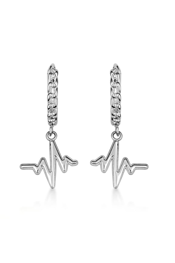 .925 Sterling Silver Heartbeat Pulse Milgrain Cuban Link Huggie Hoop Earrings