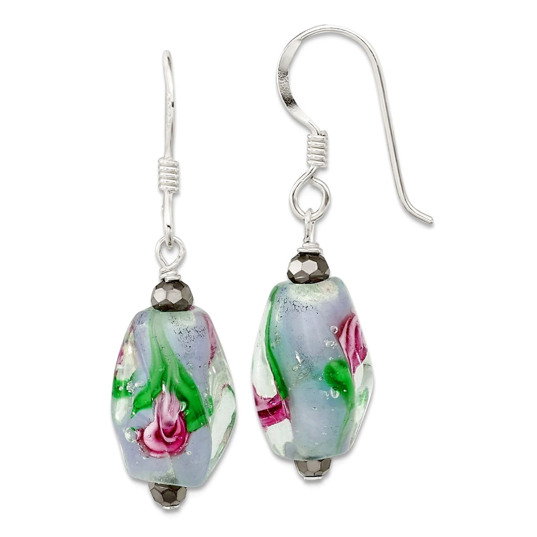 925 Sterling Silver Hematite Green Glass Shepherd Hook Earrings 38.5x10.5mm Wide Stud Earring for Women