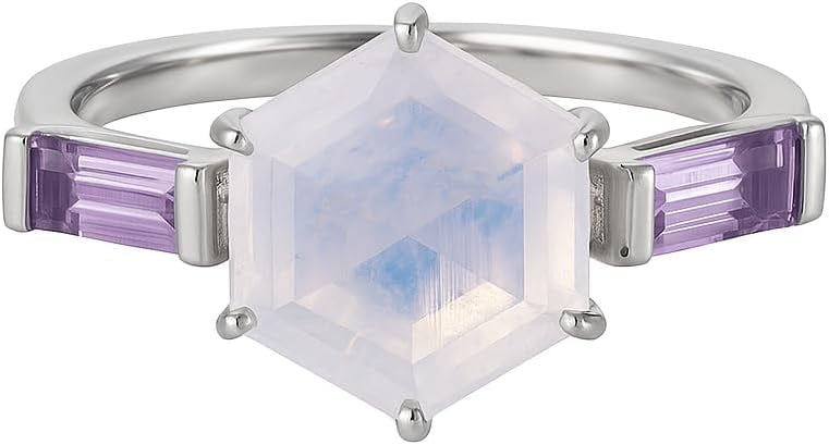 925 Sterling Silver Hexagon Moonstone Rings Engagement Amethyst