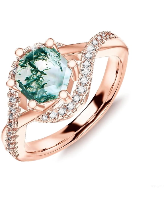 925 Sterling Silver Hexagonal Natural Moss Agate Ring with CZ for Women infinity Promise Engagement Rings Jewelry for Wife Her