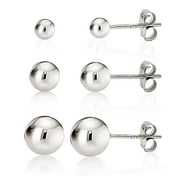 KEZEF 925 Sterling Silver High Polish Smooth Round Ball Stud Earring 3-Size Set - 3mm, 5mm, 7mm