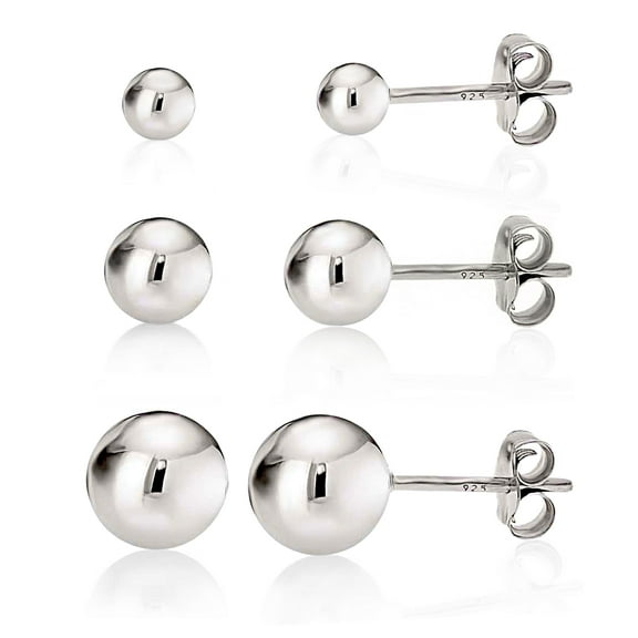 Kezef 925 Sterling Silver High Polish Smooth Round Ball Stud Earring 3-Size Set - 3mm, 5mm, 7mm