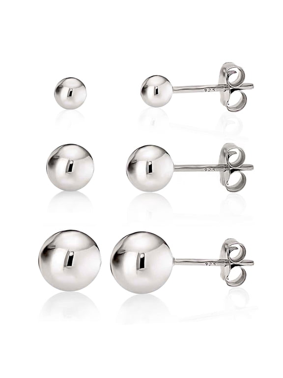 925 Sterling Silver High Polish Smooth Round Ball Stud Earring 3-Size Set - 3mm, 5mm, 7mm