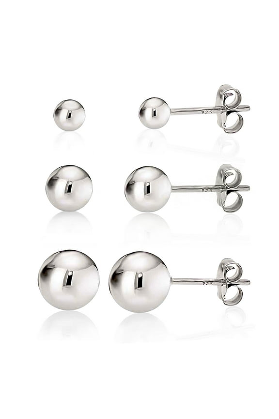 925 Sterling Silver High Polish Smooth Round Ball Stud Earring 3-Size Set - 3mm, 5mm, 7mm