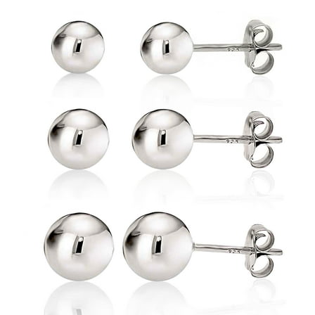 Kezef Women's 925 Sterling Silver Round Ball Stud Earring 3-Size Set - 5mm to 7mm
