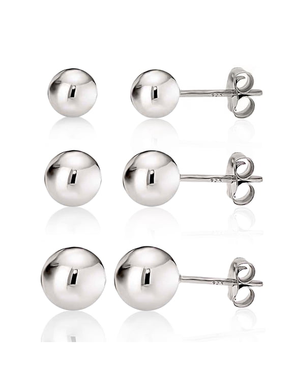 Women's 925 Sterling Silver Round Ball Stud Earring 3-Size Set - 5mm to 7mm