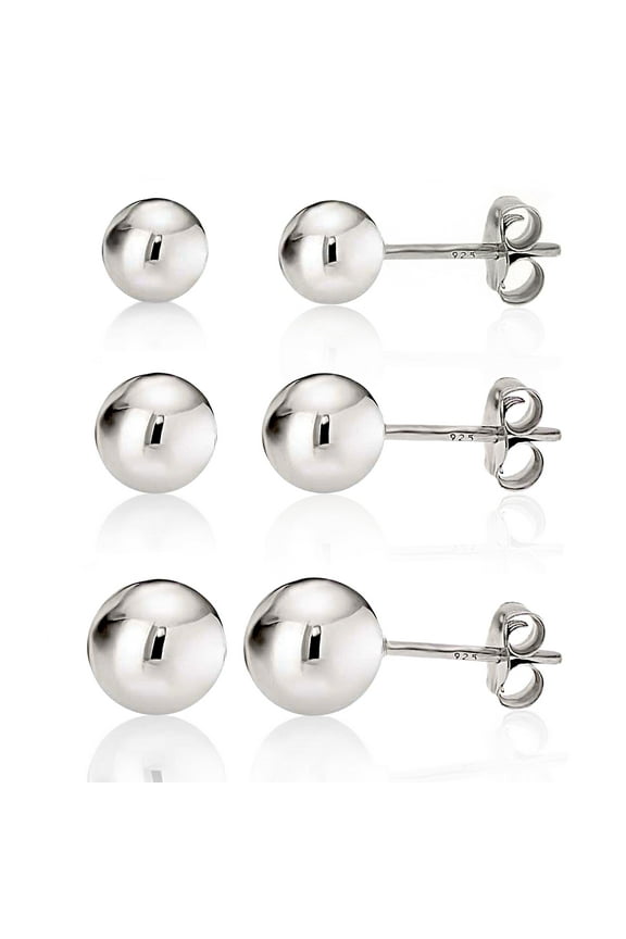 Women's 925 Sterling Silver Round Ball Stud Earring 3-Size Set - 5mm to 7mm