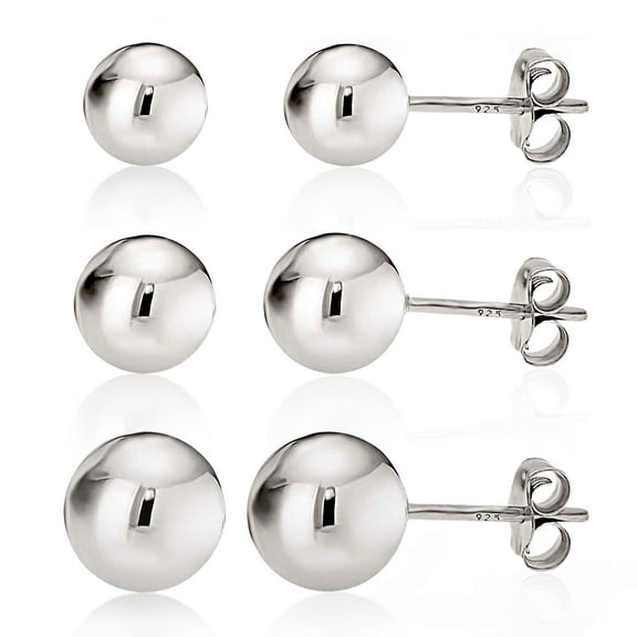 Kezef 925 Sterling Silver High Polish Smooth Round Ball Stud Earring 3-Size Set - 6mm, 7mm, 8mm