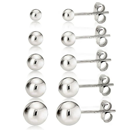 Kezef Women's 925 Sterling Silver High Polish Smooth Round Ball Stud Earring 5-Size Set - 2mm to 6mm
