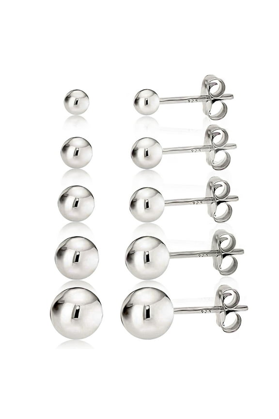 Women's 925 Sterling Silver High Polish Smooth Round Ball Stud Earring 5-Size Set - 2mm to 6mm